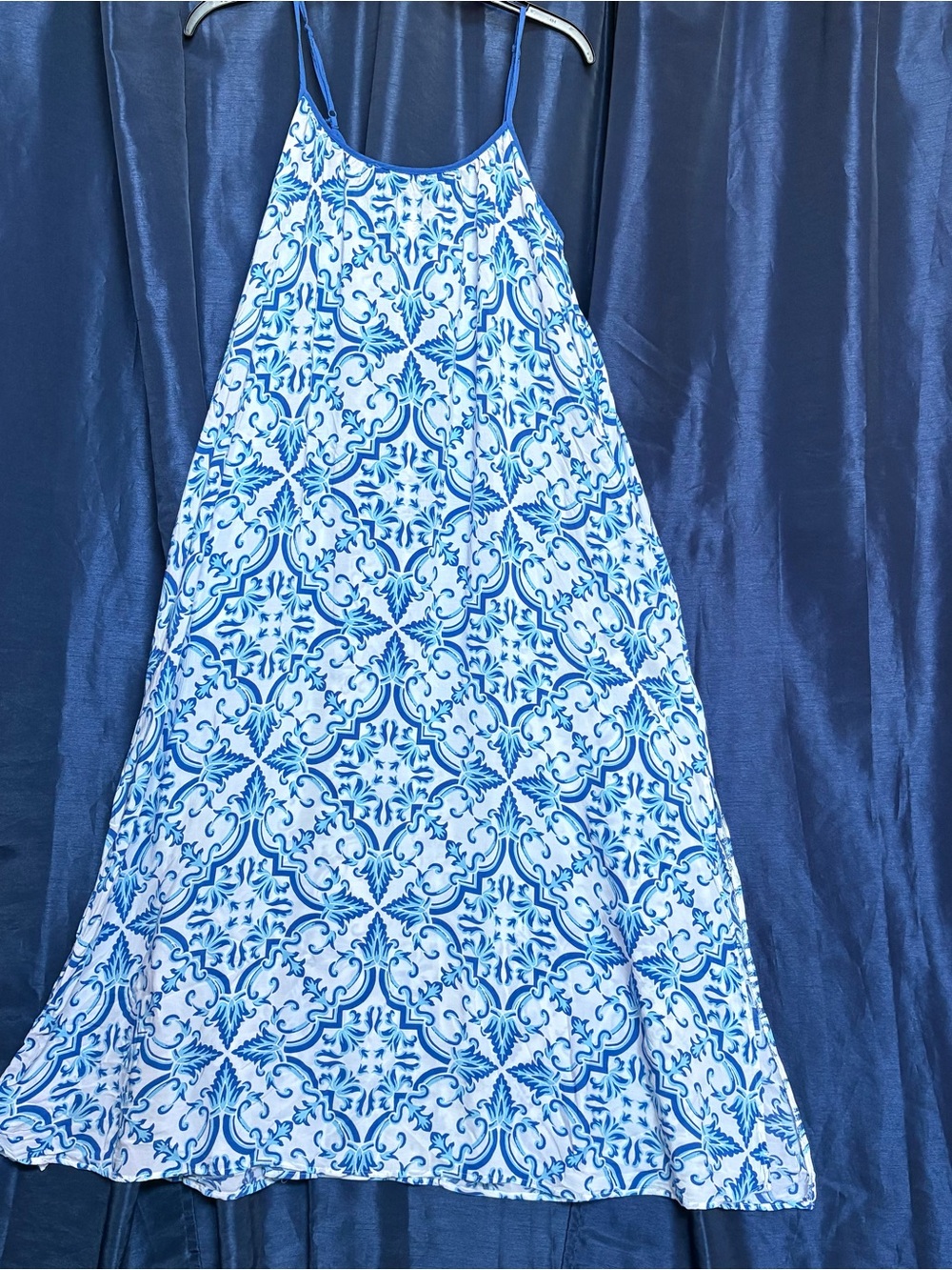 Blue and White Tile-Print Maxi Dress with Spaghetti Straps